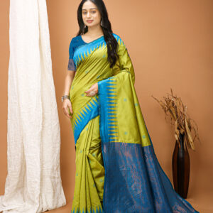 Lime Green Silk Saree with Royal Blue Pallu